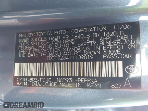 2007 Toyota Yaris with VIN JTDBT923471109819, listed as a IAAI auction lot 42189883 with 188,972 mi miles and . Bid and sale history available at DreamBid. Image 9.