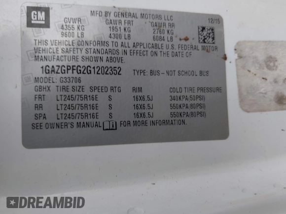 2016 Chevrolet Express Passenger LT with VIN 1GAZGPFG2G1202352, listed as a IAAI auction lot 41699012 with Not provided miles and . Bid and sale history available at DreamBid. Image 9.