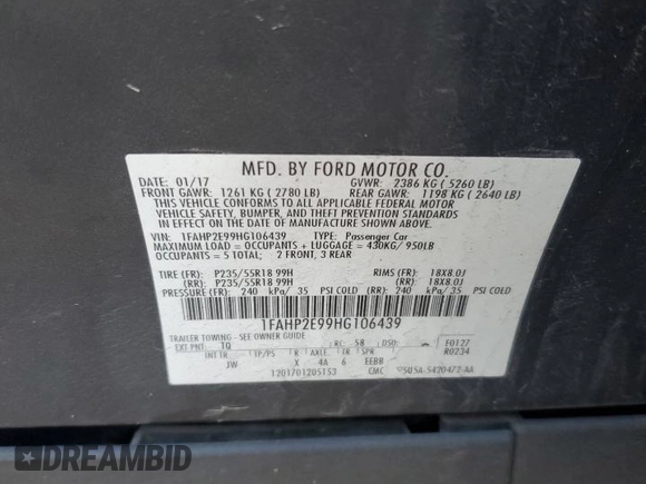2017 Ford Taurus SEL with VIN 1FAHP2E99HG106439, listed as a Copart auction lot 85749274 with 144,690 mi miles and Salvage title. Bid and sale history available at DreamBid. Image 13.