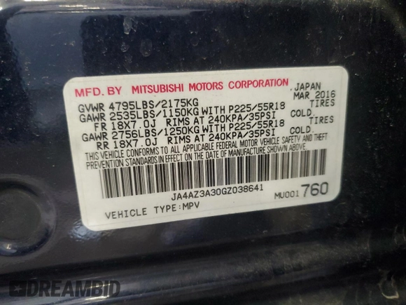 2016 Mitsubishi Outlander SE with VIN JA4AZ3A30GZ038641, listed as a Copart auction lot 56382595 with 82,863 mi miles and Non repairable. Bid and sale history available at DreamBid. Image 13.