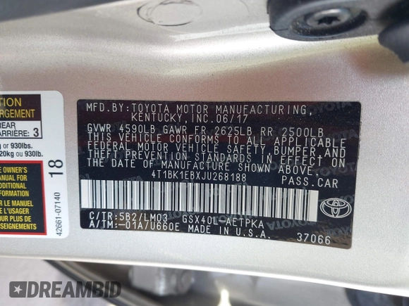 2018 Toyota Avalon XLE with VIN 4T1BK1EBXJU268188, listed as a IAAI auction lot 41441923 with 42,057 mi miles and . Bid and sale history available at DreamBid. Image 9.