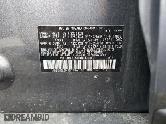 2022 Subaru Outback with VIN 4S4BTAAC4N3170362, listed as a Copart auction lot 54386715 with 62,403 mi miles and Salvage title. Bid and sale history available at DreamBid. Image 13.
