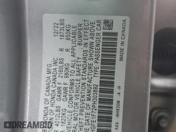 2023 Honda Civic EX z VIN 2HGFE1F72PH303892, wystawiony jako Copart lot #51179985 z przebiegiem 24 994 mil mil oraz Szkoda całkowita • Salvage title. Historia ofert i sprzedaży dostępna na DreamBid. Obrazek 14.