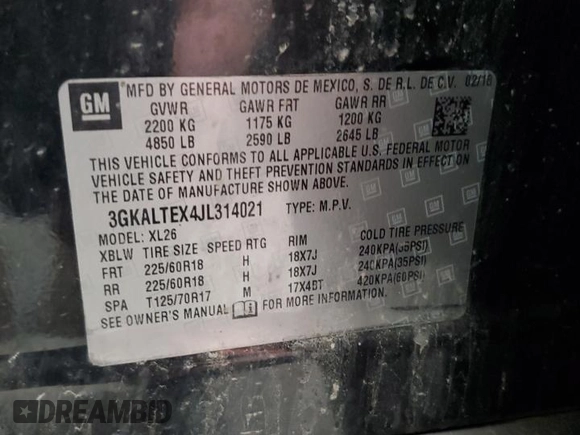 2018 GMC Terrain SLE z VIN 3GKALTEX4JL314021, wystawiony jako Copart lot #54876995 z przebiegiem 106 259 mil mil oraz Szkoda całkowita • Salvage title. Historia ofert i sprzedaży dostępna na DreamBid. Obrazek 14.