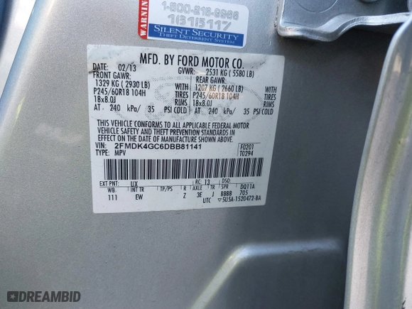 2013 Ford Edge SE with VIN 2FMDK4GC6DBB81141, listed as a IAAI auction lot 41698450 with 93,480 mi miles. Bid and sale history available at carsss.com. Image 9.