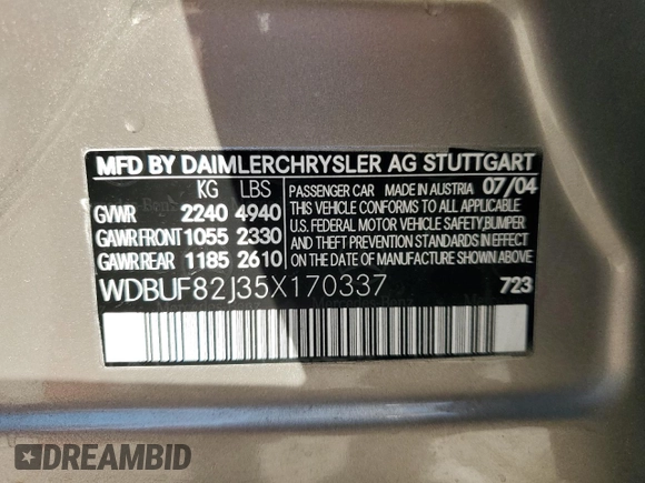 2005 Mercedes-Benz E 320 with VIN WDBUF82J35X170337, listed as a Copart auction lot 43223225 with 71,543 mi miles and Salvage Title. Bid and sale history available at DreamBid. Image 13.