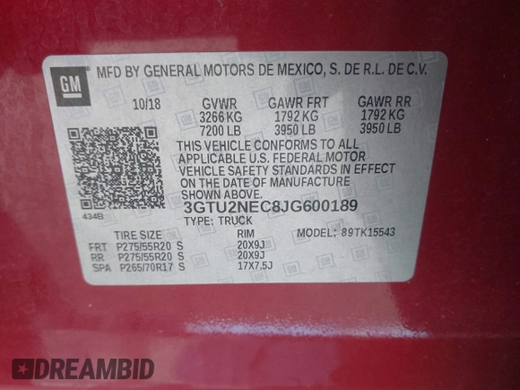 2018 GMC Sierra 1500 SLT z VIN 3GTU2NEC8JG600189, wystawiony jako IAAI lot #42241579 z przebiegiem 174 506 mil mil oraz . Historia ofert i sprzedaży dostępna na DreamBid. Obrazek 9.