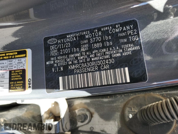 2024 Hyundai Venue SEL with VIN KMHRC8A30RU302430, listed as a Copart auction lot 56963455 with Not provided miles and Salvage title. Bid and sale history available at DreamBid. Image 13.