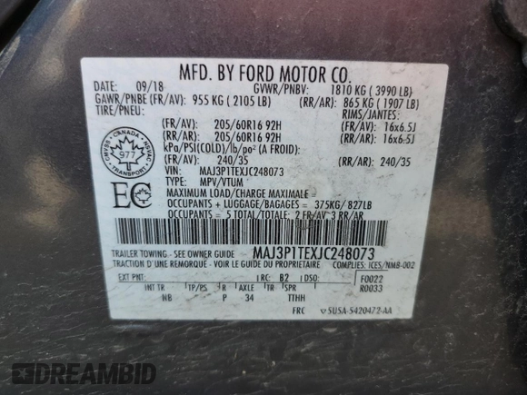 2018 Ford EcoSport SE with VIN MAJ3P1TEXJC248073, listed as a Copart auction lot 58662875 with 58,370 mi miles and Salvage title. Bid and sale history available at DreamBid. Image 12.