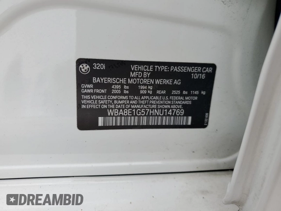 2017 BMW 3 Series 320i with VIN WBA8E1G57HNU14769, listed as a Copart auction lot 44388455 with 104,450 mi miles and Salvage Title. Bid and sale history available at carsss.com. Image 12.