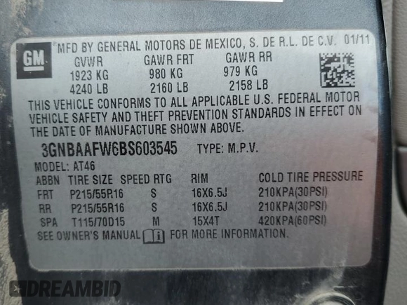 2011 Chevrolet HHR LS с VIN 3GNBAAFW6BS603545, выставлен на аукционе Copart как лот 57809955 с пробегом 141 482 миль миль и Списание • Salvage title. История ставок и продаж доступна на DreamBid. Изображение 13.