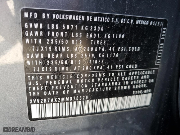 2021 Volkswagen Tiguan SE with VIN 3VV2B7AX2MM075326, listed as a Copart auction lot 52449985 with 8,034 mi miles and Salvage Title. Bid and sale history available at carsss.com. Image 15.