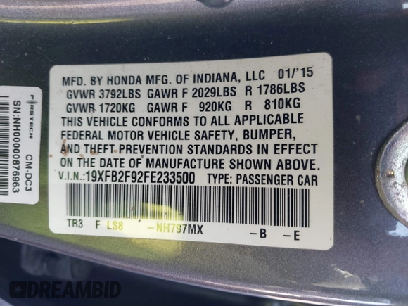 2015 Honda Civic EX-L with VIN 19XFB2F92FE233500, listed as a IAAI auction lot 41136069 with 115,484 mi miles and . Bid and sale history available at DreamBid. Image 9.