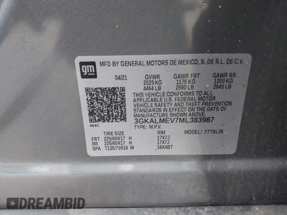 2021 GMC Terrain SLE with VIN 3GKALMEV7ML383987, listed as a IAAI auction lot 42492767 with 53,483 mi miles and . Bid and sale history available at DreamBid. Image 9.