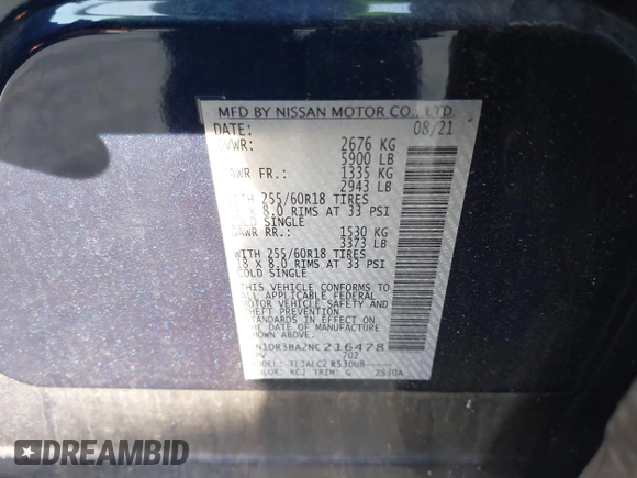 2022 Nissan Pathfinder SV with VIN 5N1DR3BA2NC216478, listed as a IAAI auction lot 41074844 with 58,243 mi miles and . Bid and sale history available at DreamBid. Image 9.