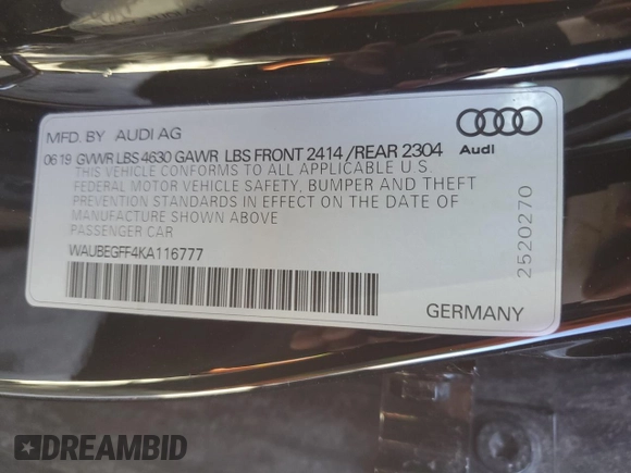 2019 Audi A3 Sedan Premium with VIN WAUBEGFF4KA116777, listed as a Copart auction lot 49246265 with 90,438 mi miles and Salvage Title. Bid and sale history available at carsss.com. Image 12.