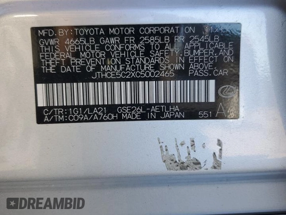 2012 Lexus IS 350 with VIN JTHCE5C2XC5002465, listed as a Copart auction lot 81585194 with 192,408 mi miles and Salvage title. Bid and sale history available at DreamBid. Image 12.