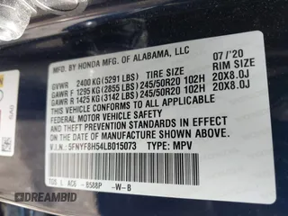 2020 Honda Passport EX-L z VIN 5FNYF8H54LB015073, wystawiony jako IAAI lot #41875214 z przebiegiem 31 363 mil mil oraz . Historia ofert i sprzedaży dostępna na DreamBid. Obrazek 9.