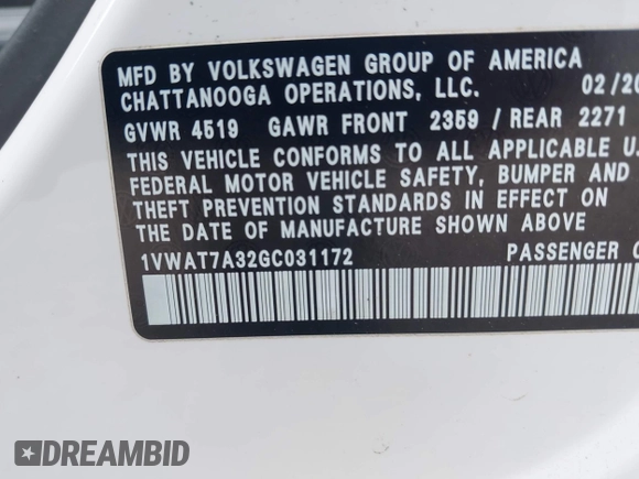 2016 Volkswagen Passat S with VIN 1VWAT7A32GC031172, listed as a IAAI auction lot 42231645 with 112,974 mi miles and . Bid and sale history available at DreamBid. Image 9.