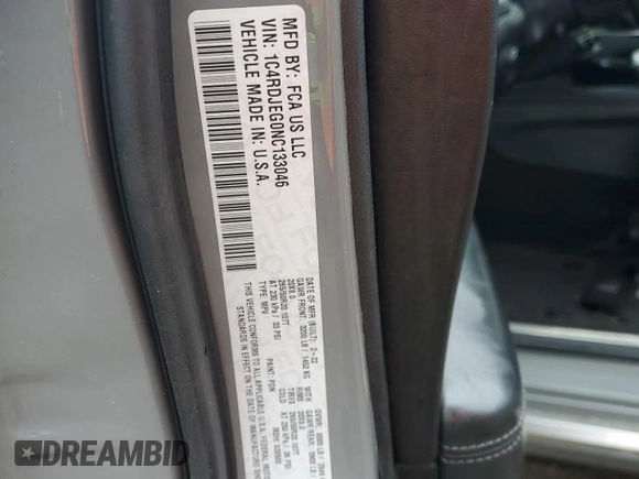 2022 Dodge Durango Citadel Anodized Platinum with VIN 1C4RDJEG0NC133046, listed as a Copart auction lot 60729085 with 73,085 mi miles and Salvage title. Bid and sale history available at DreamBid. Image 14.