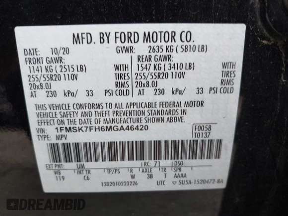 2021 Ford Explorer Limited with VIN 1FMSK7FH6MGA46420, listed as a IAAI auction lot 41992979 with 44,227 mi miles. Bid and sale history available at carsss.com. Image 9.