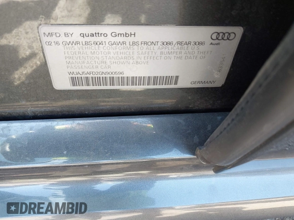 2016 Audi S8 Plus with VIN WUAJ5AFD2GN900596, listed as a IAAI auction lot 42014762 with 1 mi miles. Bid and sale history available at carsss.com. Image 9.