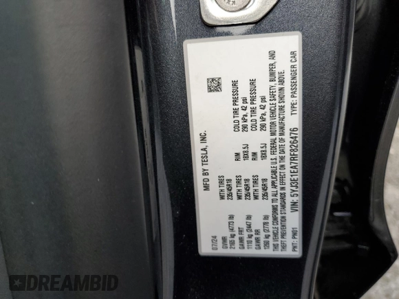 2024 Tesla Model 3 z VIN 5YJ3E1EA7RF826476, wystawiony jako Copart lot #80184564 z przebiegiem 2963 mil mil oraz Szkody całkowita. Historia ofert i sprzedaży dostępna na DreamBid. Obrazek 14.