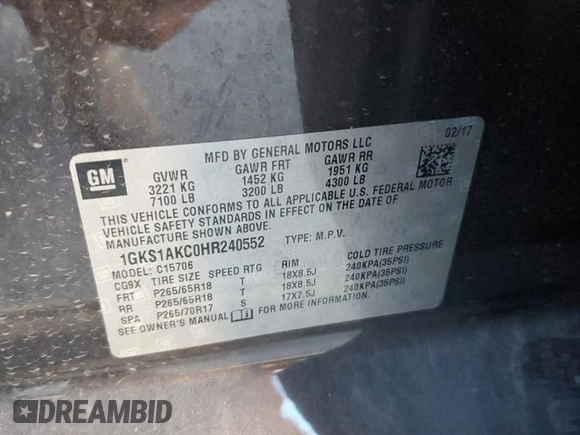 2017 GMC Yukon SLE with VIN 1GKS1AKC0HR240552, listed as a Copart auction lot 77916264 with 72,275 mi miles and Salvage Title. Bid and sale history available at carsss.com. Image 13.
