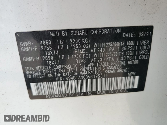 2021 Subaru Outback Limited with VIN 4S4BTANC3M3195312, listed as a Copart auction lot 60241815 with 66,507 mi miles and Salvage title. Bid and sale history available at DreamBid. Image 14.