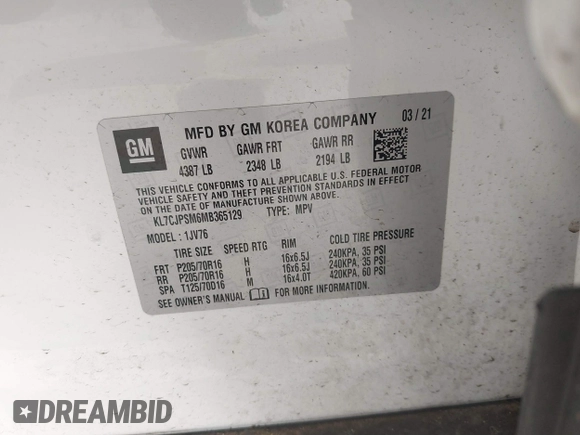 2021 Chevrolet Trax LT with VIN KL7CJPSM6MB365129, listed as a IAAI auction lot 41746231 with 75,848 mi miles. Bid and sale history available at carsss.com. Image 9.