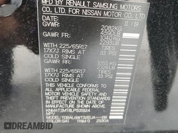 2020 Nissan Rogue SV with VIN KNMAT2MT8LP531924, listed as a Copart auction lot 54878785 with Not provided miles and Non repairable. Bid and sale history available at DreamBid. Image 13.