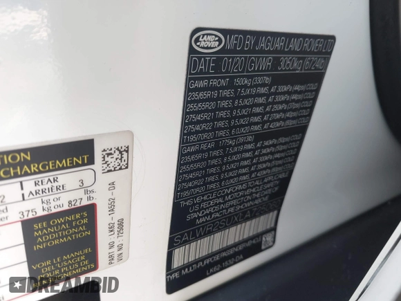 2020 Land Rover Range Rover Sport HSE with VIN SALWR2SUXLA725060, listed as a IAAI auction lot 41754903 with 80,085 mi miles and . Bid and sale history available at DreamBid. Image 9.
