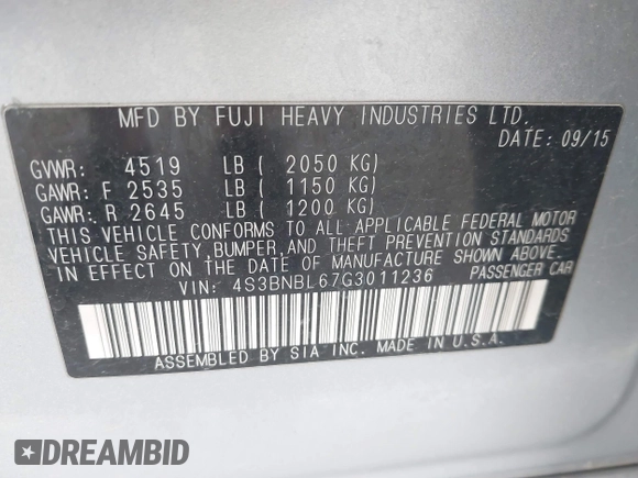 2016 Subaru Legacy Limited with VIN 4S3BNBL67G3011236, listed as a IAAI auction lot 42087438 with 204,055 mi miles and . Bid and sale history available at DreamBid. Image 9.
