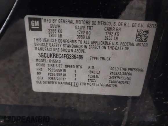2015 Chevrolet Silverado 1500 LT with VIN 3GCUKREC4FG286409, listed as a IAAI auction lot 41150467 with 162,088 mi miles. Bid and sale history available at carsss.com. Image 9.