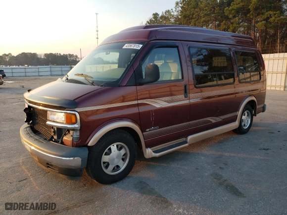 1999 Chevrolet Express Van with VIN 1GBFG15R7X1036862, listed as a Copart auction lot 43567815 with 66,764 mi miles and Salvage Title. Bid and sale history available at carsss.com. Image 1.