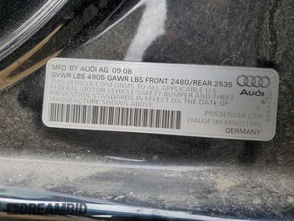 2009 Audi A4 2.0T Prem Plus with VIN WAUSF78K39N021749, listed as a Copart auction lot 49973015 with 111,198 mi miles and Salvage Title. Bid and sale history available at carsss.com. Image 12.