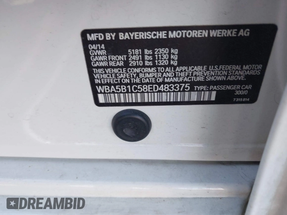 2014 BMW 5 Series 535i with VIN WBA5B1C58ED483375, listed as a IAAI auction lot 41089448 with 93,192 mi miles and . Bid and sale history available at DreamBid. Image 9.