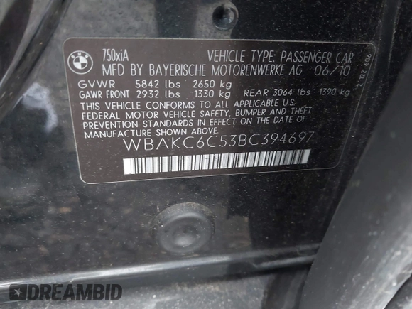 2011 BMW 7 Series 750i xDrive z VIN WBAKC6C53BC394697, wystawiony jako IAAI lot #42505414 z przebiegiem Nie podano mil oraz . Historia ofert i sprzedaży dostępna na DreamBid. Obrazek 9.