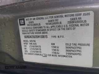 2005 Hummer H2 SUV with VIN 5GRGN23U35H130615, listed as a IAAI auction lot 41085325 with 138,393 mi miles. Bid and sale history available at carsss.com. Image 9.
