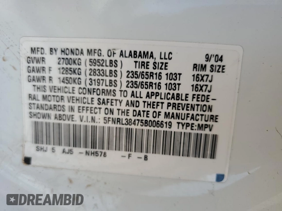 2005 Honda Odyssey EX z VIN 5FNRL38475B006619, wystawiony jako Copart lot #85041494 z przebiegiem Nie podano mil oraz Szkoda całkowita • Salvage title. Historia ofert i sprzedaży dostępna na DreamBid. Obrazek 13.