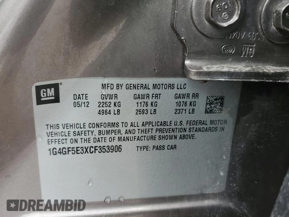 2012 Buick LaCrosse Premium 2 z VIN 1G4GF5E3XCF353906, wystawiony jako Copart lot #57954945 z przebiegiem 110 484 mil mil oraz Szkoda całkowita • Salvage title. Historia ofert i sprzedaży dostępna na DreamBid. Obrazek 12.