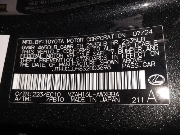 2025 Lexus UX with VIN JTHUCJDH8S2003698, listed as a IAAI auction lot 41368424 with 1,111 mi miles. Bid and sale history available at carsss.com. Image 9.