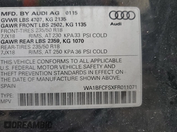 2015 Audi Q3 Premium Plus z VIN WA1BFCFSXFR011071, wystawiony jako Copart lot #85310414 z przebiegiem 185 067 mil mil oraz Czysty tytuł • Clean title. Historia ofert i sprzedaży dostępna na DreamBid. Obrazek 12.