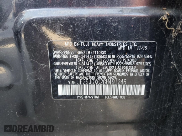 2016 Subaru Forester 2.0XT Touring with VIN JF2SJGXC2GH491246, listed as a Copart auction lot 46312015 with 59,751 mi miles and Salvage Title. Bid and sale history available at carsss.com. Image 14.