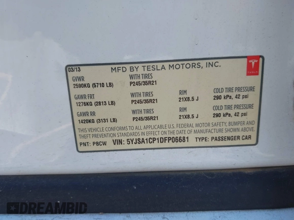 2013 Tesla Model S Performance с VIN 5YJSA1CP1DFP06681, выставлен на аукционе IAAI как лот 42438892 с пробегом 108 926 миль миль и . История ставок и продаж доступна на DreamBid. Изображение 9.
