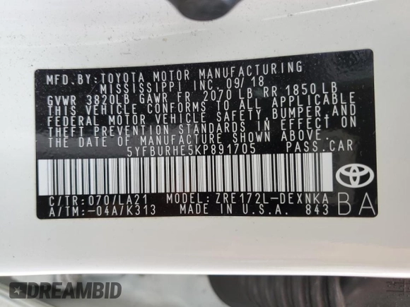 2019 Toyota Corolla L with VIN 5YFBURHE5KP891705, listed as a Copart auction lot 49501905 with 67,403 mi miles and Salvage Title. Bid and sale history available at DreamBid. Image 12.