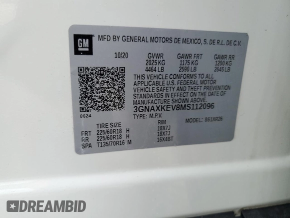 2021 Chevrolet Equinox LT with VIN 3GNAXKEV8MS112096, listed as a Copart auction lot 47725025 with 43,106 mi miles and Salvage Title. Bid and sale history available at DreamBid. Image 13.