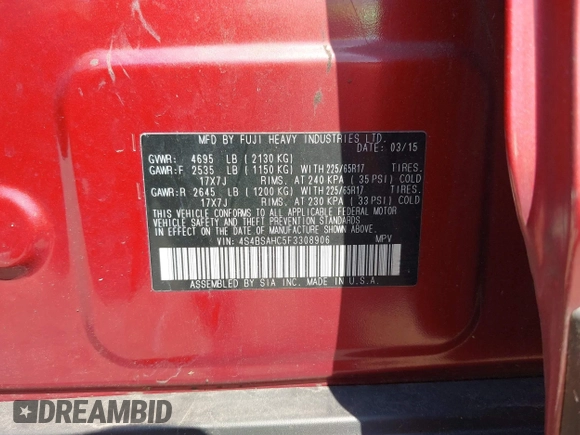 2015 Subaru Outback Premium with VIN 4S4BSAHC5F3308906, listed as a IAAI auction lot 42583462 with 173,026 mi miles and . Bid and sale history available at DreamBid. Image 9.