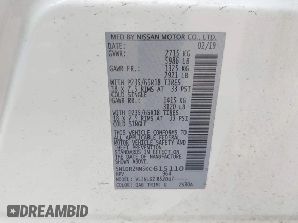 2019 Nissan Pathfinder SV z VIN 5N1DR2MM5KC615110, wystawiony jako IAAI lot #42399030 z przebiegiem 129 844 mil mil oraz . Historia ofert i sprzedaży dostępna na DreamBid. Obrazek 9.