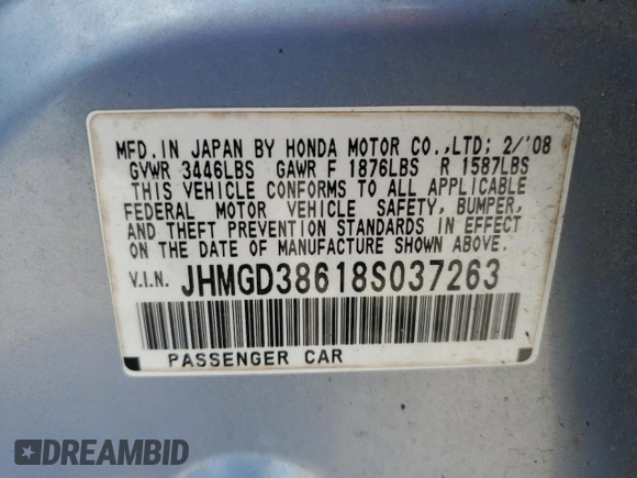 2008 Honda Fit Sport with VIN JHMGD38618S037263, listed as a Copart auction lot 66802634 with 42,487 mi miles and Salvage Title. Bid and sale history available at carsss.com. Image 12.